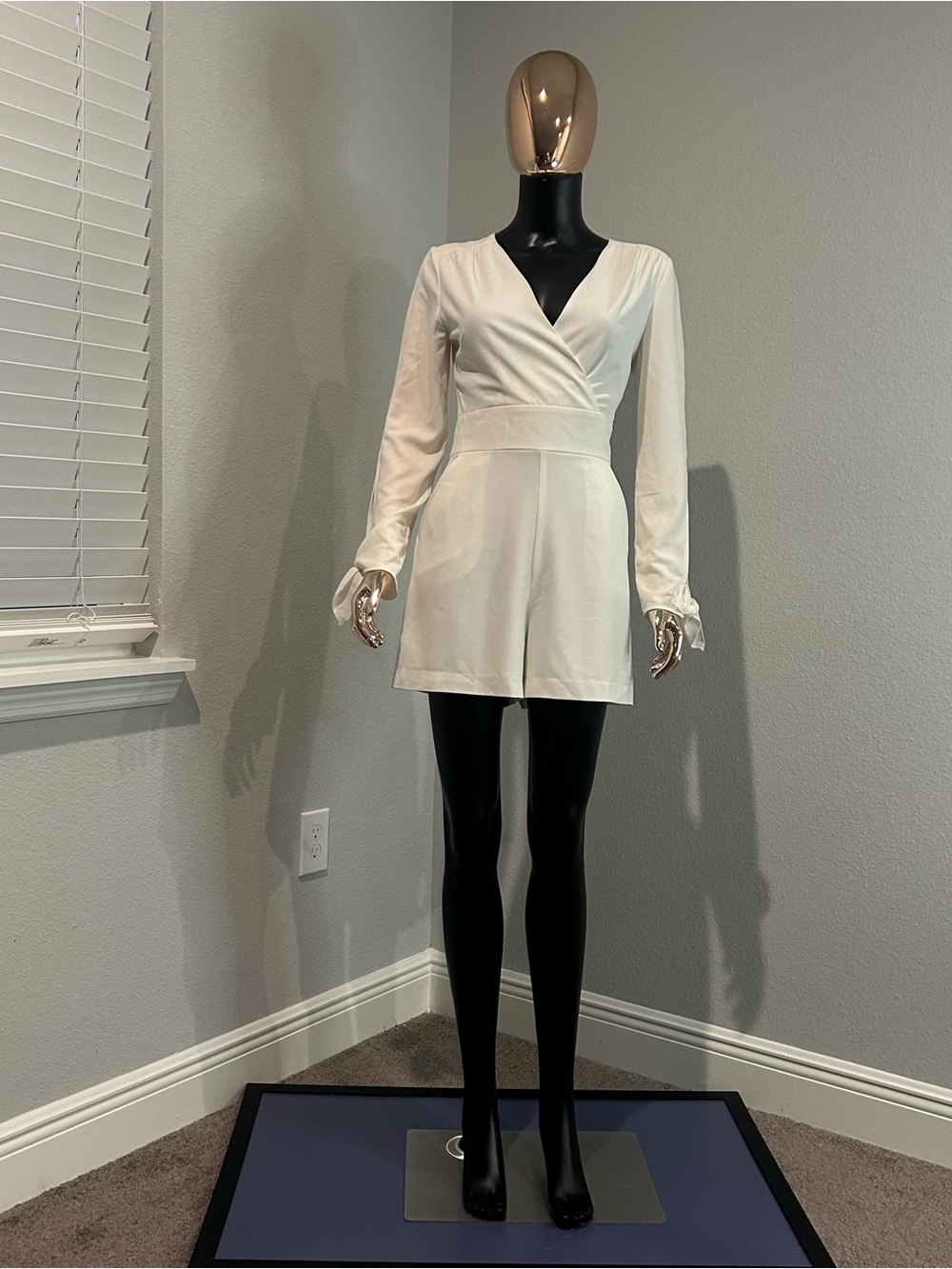 White Long-Sleeve Wrap Romper Dress